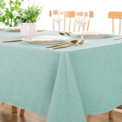 DWCN Rectangle Faux Linen Tablecloth - Textured Waterproof Spill-Proof Wrinkle and Stain Resistant Table Cloth Decorative Fabric Farmhouse Table Cover for Kitchen Dining Party, 60 x 84 Inch, Aqua