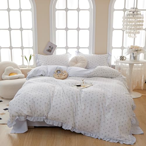 MOTNTD Blue Floral Duvet Cover Set Queen Size, Ruffle Boho Comforter Cover, Coquette Cotton Cozy Lightweight With Zipper, Cute Aesthetic Bedding Set, Duvet Protector
