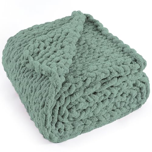 "LONG CREATE Chunky Knit Throw Blanket 50""X 60"", 100% Handmade with Soft Chenille Yarn, 4.4lbs Thick Cable Knitted Blankets, Large Rope Knot Crochet Throws for Couch Sofa Bed Home Decor, Sage Green"