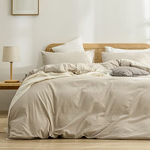 BESTOUCH Cotton Solid Duvet Cover Set Linen Feel Almond Milk Grey Cal King - 100% Washed Cotton, Soft Wrinkle Texture, Hidden Zipper, 8 Ties, Breathable Lightweight Durable Comfy, 3 Pcs No Insert