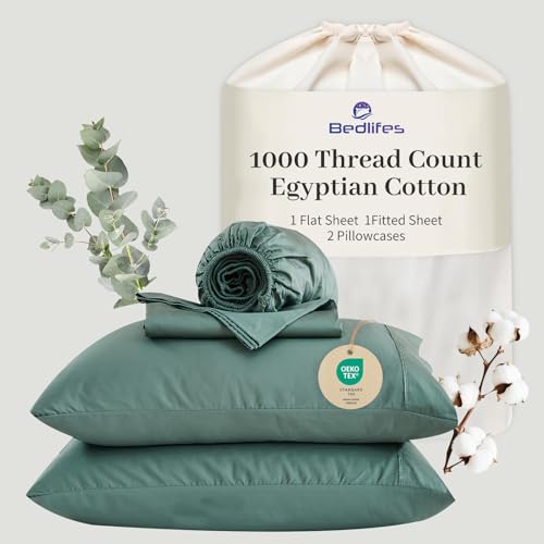 "Bedlifes Egyptian Cotton Sheets 1000 Thread Count Queen Size, 4-Piece 16"" Deep Pocket - Cooling & Breathable Ultra Soft Bedding for Hotel Comfort (Sage Green)"