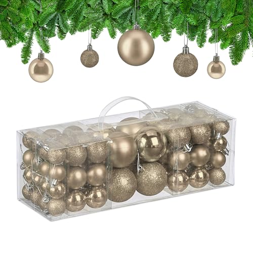 Relaxdays Christmas Baubles, Set of 76, Tree Ornaments, Holiday Decorations, Plastic, Glittery, Matte & Shiny, Champagne