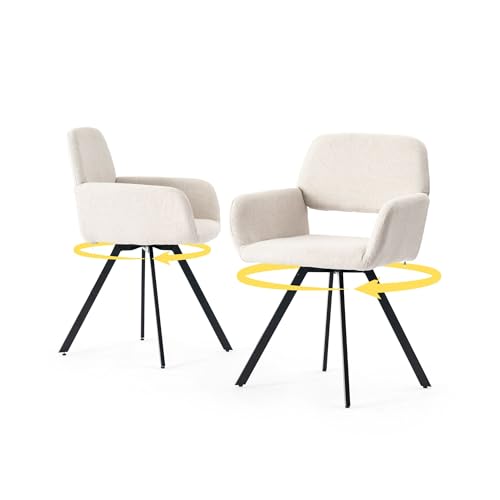 39F Furniture Dream Set of 2 Modern Dining Chairs Fabric Upholstered Armchair 360° Swivel Chair for Kitchen Office Living Room, Beige, 57x53x81.5cm
