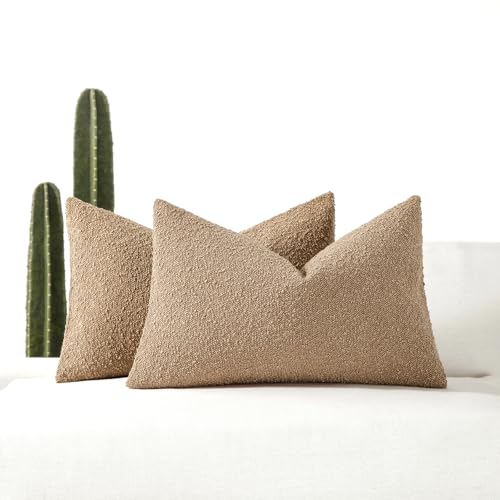 EIHU HOME 12x20 Boucle Lumbar Pillow Covers, Set of 2, Camel
