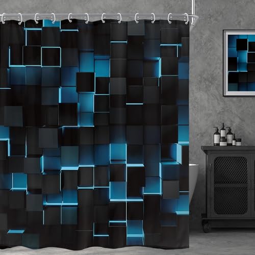 Riyidecor Black Blue Shower Curtain 60Wx72H Inch Abstract Navy Brick Modern 3D Wall Gradient Designer Futuristic Cubes Geometric Plaid Man Cool Bathroom Decor Fabric Polyester Waterproof 12 Pack Hooks