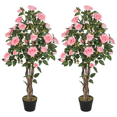 HOMCOM Decorative Artificial Trees Faux Silk Rose Trees Set of 2 110cm Pink