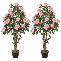 HOMCOM Decorative Artificial Trees Faux Silk Rose Trees Set of 2 110cm Pink