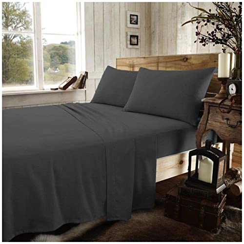 GC GAVENO CAVAILIA Easy Care Flannel Plain Dyed Duvet Cover, Super Soft, Comfy & Warm Flat Bedsheets, Cotton, Charcoal-Fitted Sheet, King Fitted Sheet