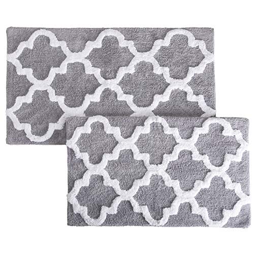 Lavish Home 2-Piece Bathroom Rug Set – 100% Cotton Bath Mat Set with Trellis Pattern and Non-Slip Base – Machine Washable Bathroom Mats (Silver)