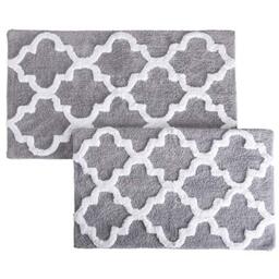 Lavish Home 2-Piece Bathroom Rug Set – 100% Cotton Bath Mat Set with Trellis Pattern and Non-Slip Base – Machine Washable Bathroom Mats (Silver)