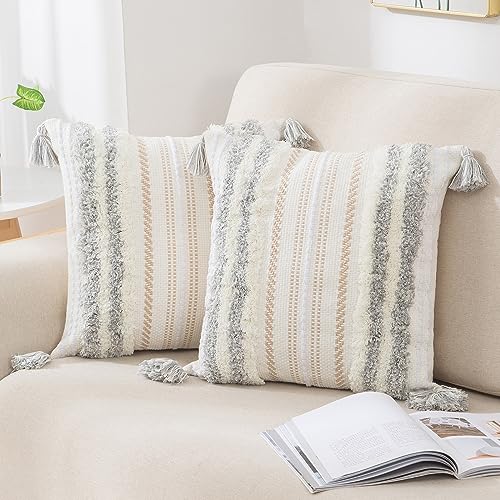 decorUhome Decorative Boho Throw Pillow Covers 18x18 Set of 2, Accent Neutral Textured Tufted Pillow Covers Striped for Couch Bed Sofa Living Room, Light Grey and Cream White