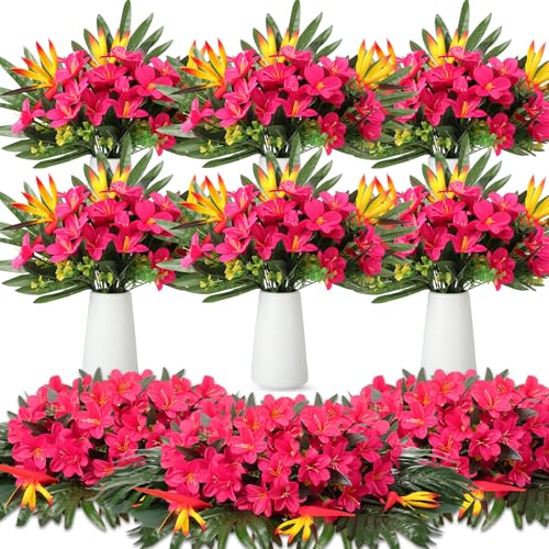 Hotop 32 Pcs Artificial Tropical Flower Bouquets Bulk for Hawaii Party Centerpieces Bird of Paradise Lily Bouquet Permanent Flower Tropical Imitation Plant for Party Office Home Decor (Rose Red)