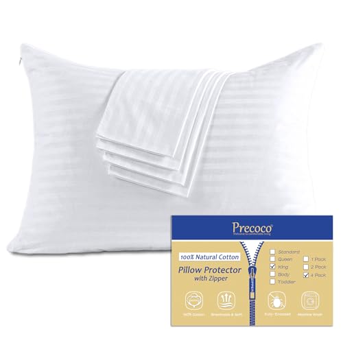 100% Cotton King Pillow Protectors with Zipper, White Pillow Cases King Size Set of 4 for Home & Hotel, Sateen Soft Cooling Hidden Zippered Pillow Case Protector for Hair & Skin, 20x36 in