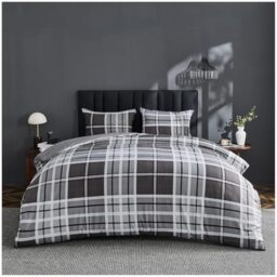 GC GAVENO CAVAILIA Denim Check Pattern Double Duvet Set with Matching Pillowcases - Modern Easy Care Reversible Quilt Cover - Super Soft Polyester Long-Lasting Comforter Bedding Set, Grey