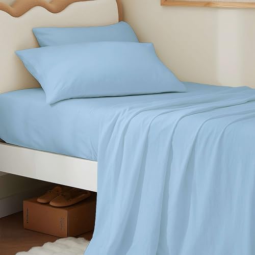 "4 Piece Twin XL Sheet Set, Extra Long Sheets for Dorm, Ultra Soft & Wrinkle Free, Fits Between 12"" to 16"" Deep Mattress, Easy Care Brushed Microfiber, Breathable and Cooling, Light Blue"