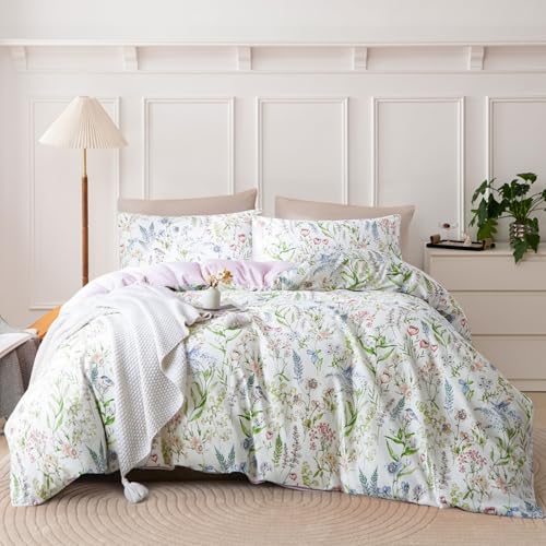 EAVD Vintage Style Botanical Duvet Cover Queen - 100% Cotton Chic Shabby Bedding Set With 2 Pillowcases - Reversible Garden Comforter With Zipper Closure