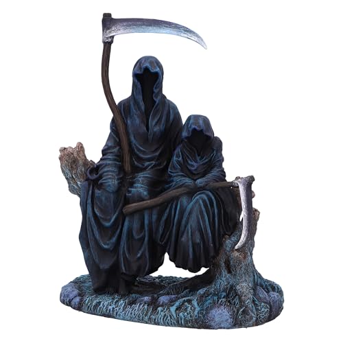 Nemesis Now Next in Line Figurine, Reaper with Child, Black, 19cm - Resin, Resting on Tree Ornament, Humorous Premium Horror Figure, Cast in the Finest Resin