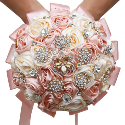 "Mhojpik 9.8"" Peach Pink & Cream Bridal Wedding Bouquet Round Bling Brooch Bouquet Throw Toss Artificial Rose Flower Bunch for Bride Bridesmaid Wedding Quinceanera"