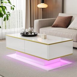 Ball & Cast Modern LED Coffee Table with High-Gloss Finish, 100 cm Length, Gold Accents, 3 Drawers & USB LED Light Strip (Adapter/Power Bank Required), White