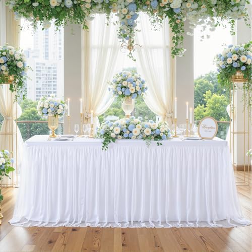 White Tulle Tablecloth for 8 Foot Rectangular Tables 8ft White Table Cloth Rectangle Wrinkle Free Stretch Table Cover with Tutu Skirt for Wedding Birthday Party Banquet Buffet Cake Event Desk Skirt