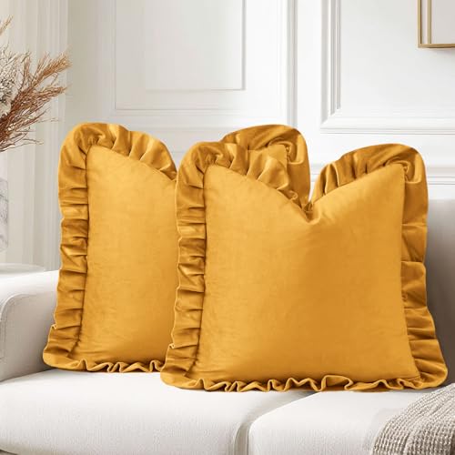 JIUZHEN Gold Velvet Throw Pillow Covers for Couch Sofa Livingroom Bed???Pack of 2 Decorative Square Throw Pillow Covers with Ruffles, 20x20 Inch