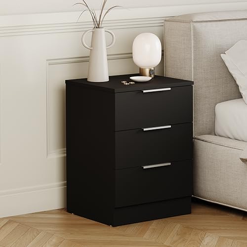 Vida Designs Trega 3 Drawer Bedside Cabinet Black - Compact Space-Saving Nightstand - 50H x 39W x 28D cm - Engineered Wood - Glide Drawers, Modern Silver Handles - Ideal for Bedroom & Guest Room