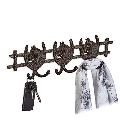 Relaxdays Wall-Mounted Coat Rack, Horses Design, Cast Iron, 6 Hooks, Unusual Look, Key Hanger, 11 x 36.5 x 3.5 cm, Brown