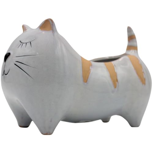 Dekohelden24, plant pot, planter, decorative bowl made of ceramic, design: cat in light grey, dimensions (L x W x H): approx. 21 x 12 x 14 cm, 14 cm