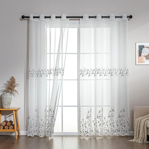 SLEEP ZONE Sheer Curtains for Living Room and Bedroom, Embroidered Sheer Curtains White Sheer Curtain 52 ?? 72 inches Long of 2 Panels, White Twig