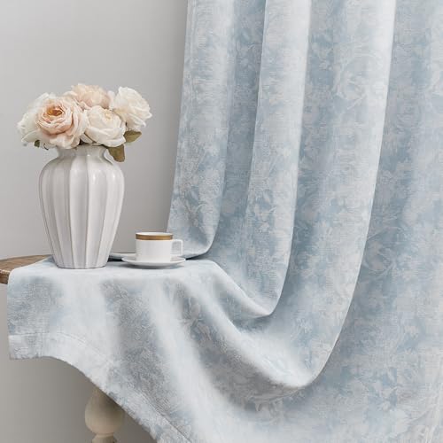 Beauoop Blue Floral Jacquard Blackout Curtains for Bedroom 52x90 2 Panels - Flower Chenille Room Darkening Drapes for Living Room 90 Inch Long Thermal Insulated Soundproof Window treatment Rod Pocket