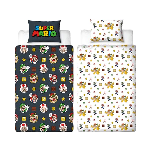 Nintendo Super Mario Official Single Duvet Cover Set with Mario, Luigi and Bowser Design - Black Reversible 2 Sided Bedding Cover Official Merchandise Including Matching Pillow Case