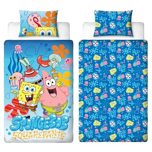 Spongebob Officially Licenced Single Duvet Cover Set - Reversible 2 Sided Bedding Including Matching Pillow Case - Squared Design With Spongebob, Patrick, Squidward, Mr Krabs