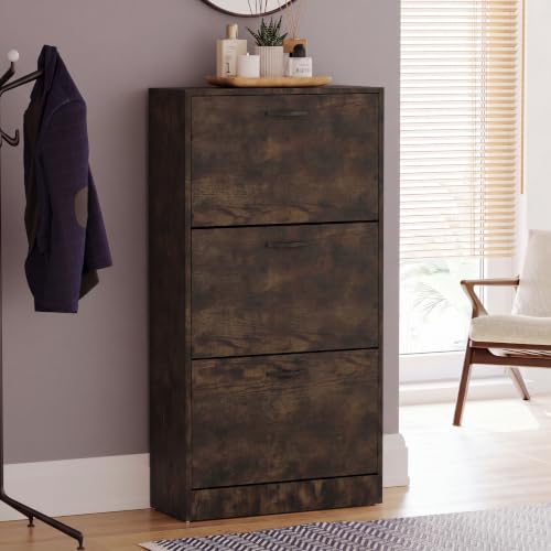 Vida Designs Shoe Cabinet, Wooden Shoe Storage Unit with 3 Pull-Down Drawers, Multifunctional Dust-Proof Space-Saving Slim Cupboard for Hallway or Entryway (Dark Wood)