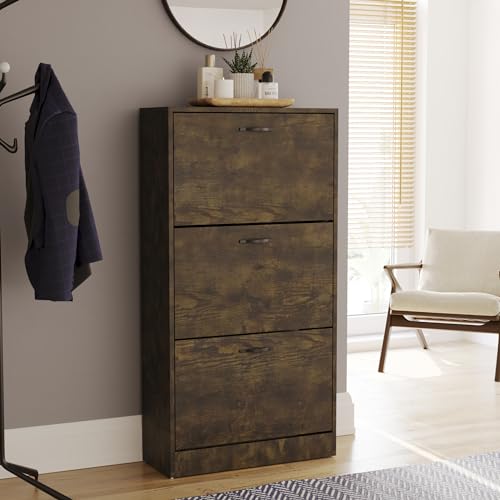 Vida Designs Shoe Cabinet, Wooden Shoe Storage Unit with 3 Pull-Down Drawers, Multifunctional Dust-Proof Space-Saving Slim Cupboard for Hallway or Entryway (Dark Wood)