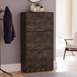 Vida Designs Shoe Cabinet, Wooden Shoe Storage Unit with 3 Pull-Down Drawers, Multifunctional Dust-Proof Space-Saving Slim Cupboard for Hallway or Entryway (Dark Wood)