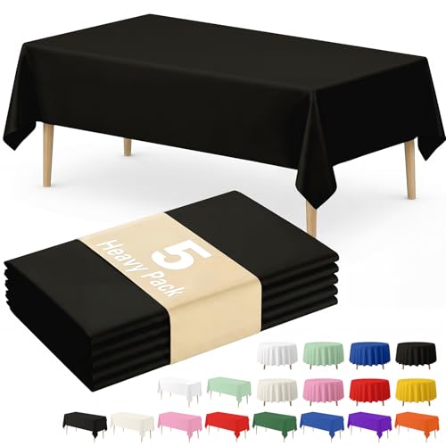 Fixwal Plastic Table Cloth Disposable 5 Pack, 54 x 108 Inch Table Cloths, Halloween Party Decorations,Summerween Decor, Decorative Tablecloths,Rectangle, Black Plastic Cover, Leakproof & Sturdy, Black
