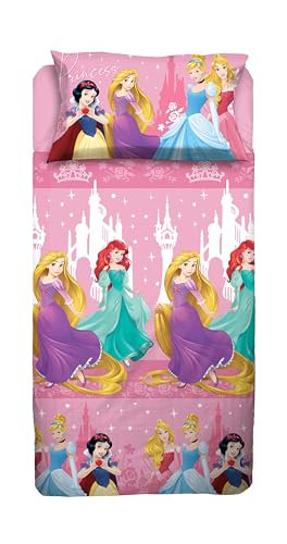 Princess Single Bed Sheet Set, Disney Single Bed Set, Top Sheet, Fitted Sheet, Pillowcase, Pink, Disney, 100% Cotton, Official Product