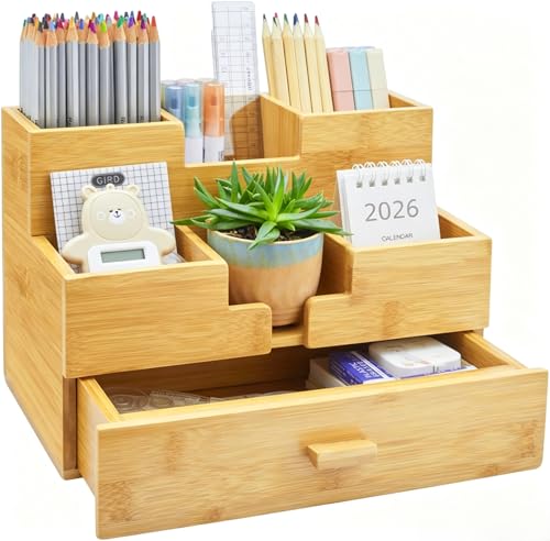 Charmlife Makeup Storage Drawer Bamboo Desk Organizer
