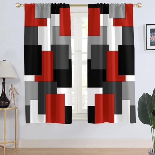"AAtter Red and Black Window Curtain Grey Gray White Multicolor Geometric Silver Dark Abstract Square Art Living Room Bedroom Window Drapes Treatment Fabric 1 Pair Home Decor, 42"" W x 63"" L, Modern"