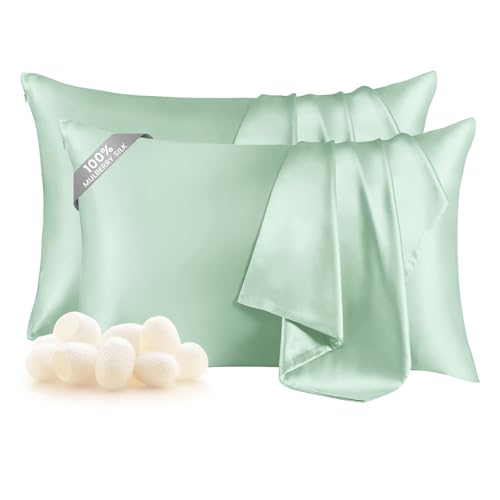 "THXSILK Set of 2 100% Mulberry Silk Pillowcase for Hair and Skin Health, Soft Breathable and Smooth Pillowcases with Hidden Zipper, Both Sides Premium Grade 6A+ Silk, Standard 20""x26"", Turquoise Green"