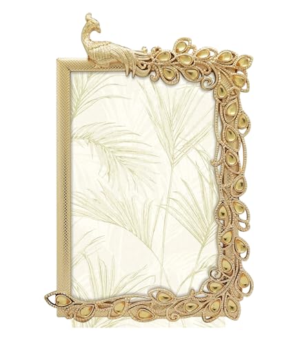 GIFTY GIFTY Jeweled Peacock Photo Frame / 4x6 in - for Vertical Display on Tabletops - Perfect for Home Decor, Wedding, Vacation, Graduation, Or Any Milestone Photos (Bronze)