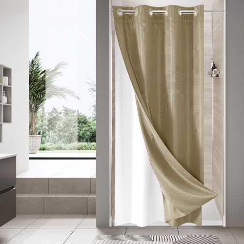 MitoVilla Beige Small Stall Shower Curtain Liner Set 36 x 74, No Hooks Required Half Size Narrow Fabric Cloth Shower Curtain Set with Snap-in Liner for Modern Bathroom Decor, Beige/Khaki
