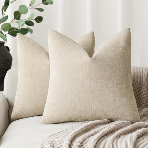 Foindtower Pack of 2 Soft Textured Chenille Throw Decorative Pillow Covers Square Accent Solid Cushion Cover Cozy Neutral Farmhouse Pillow Case for Couch Sofa Bedroom Living Room 24x24 Inch, Beige