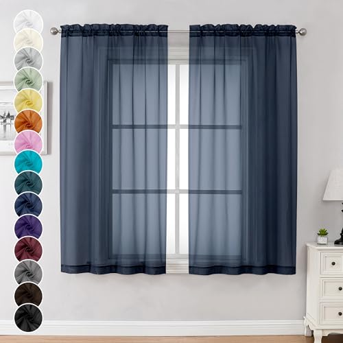 Chyhomenyc Sheer Curtains 63 Inch Length Set of 2, Rod Pocket Voile Drapes for Living Room, Bedroom, Window Treatments Semi Sheer Curtain Panels for Yard, Patio, Villa, Parlor, 42Wx 63L, Navy Blue