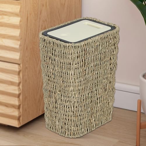 Trongee Boho Trash Can with Lid,3 Gallon Small Rattan Trash Can with Press Top Lid,Slim Wicker Waste Basket and Hamper 2 in 1 for Bathroom,Seagrass Woven Garbage Can Trash Basket for Bathroom,Kitchen