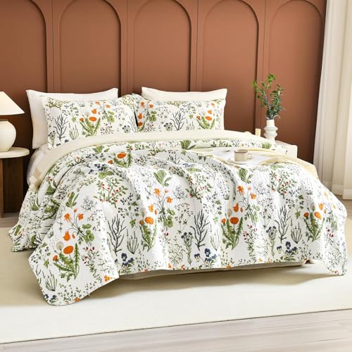 Lady Ann 100% Cotton Floral Cal King Quilt Set - Yellow Flowers & Leaves Pattern Plant Botanical Printed Quilted 118x106 Bedspread & Coverlet Set, 3 PCS Lightweight Bedding Sets All Season