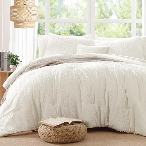 AMBERSPACE Queen Comforter Set White, Tufted Boho Bedding Farmhouse Bed Set, All Season 7 Pieces Bed in a Bag with Sheets, Pillowcases & Shams