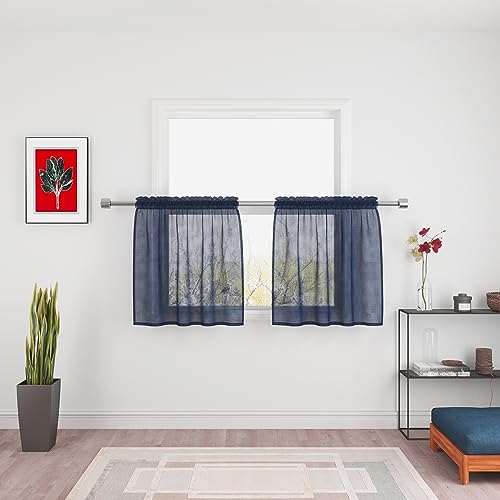 UPOPO Navy Blue Sheer Tier Curtains 30 inches Long Voile Kitchen Tiers Linen Textured Cafe Curtains Bathroom Basement Short Small Curtain Panels for Door Half Window Curtains 2 Panels Rod Pocket