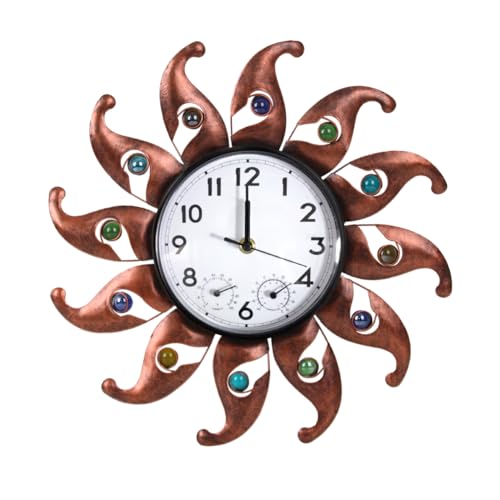 HOBYLUBY Sun Outdoor Clock with Thermometer & Humidity - Silent No-Ticking, Wall-Mounted Clock Waterproof for Patio, Garden, Home Decor, Brown