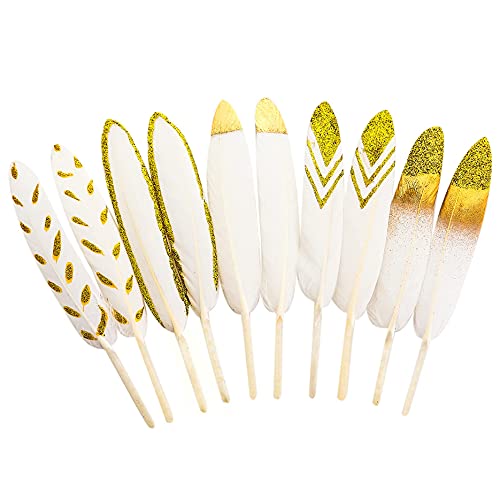 50Pcs 5 Style Natural Goose Feathers Clothing Accessories Pack of Mixed Gold Dipped White for Dream Catcher,Easter Decor,Christmas, Clothing,and Baby Shower Decorations